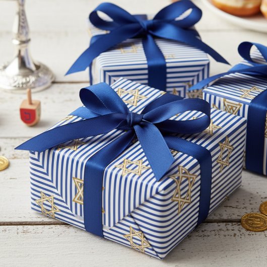 Striped Sapphire Blue Jewish Gold Star of David ラッピングペーパー