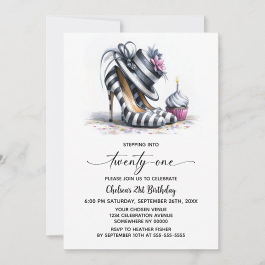 Striped Stiletto Shoes 21st Birthday 招待状 (正面)