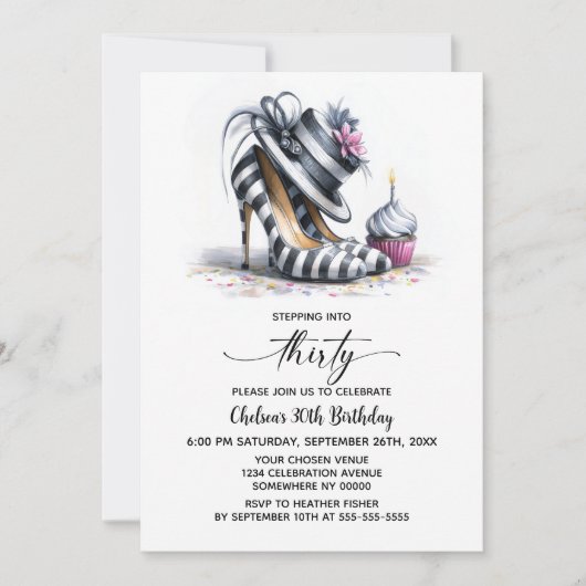 Striped Stiletto Shoes 30th Birthday 招待状 (正面)