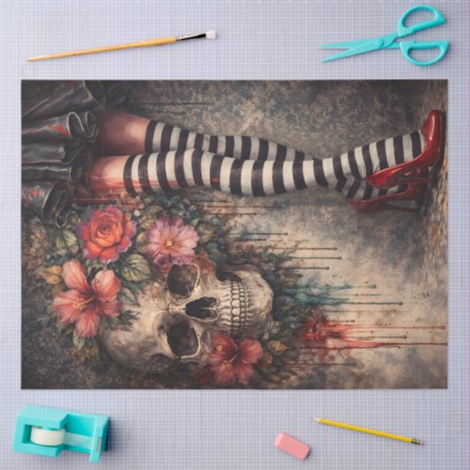 Striped Stockings Ruby Red Heels Skull Poster 薄葉紙 (クラフト)