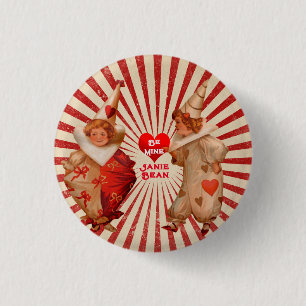 Stripes and Vintage Valentine Clowns with Heart  B 缶バッジ