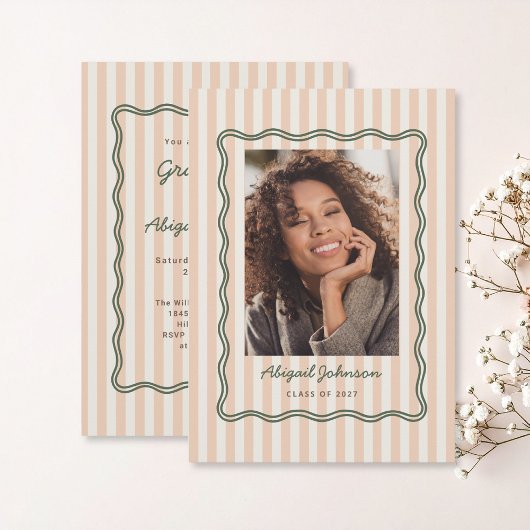 Stripes and Wavy Frame Graduation Card with Photo 招待状
