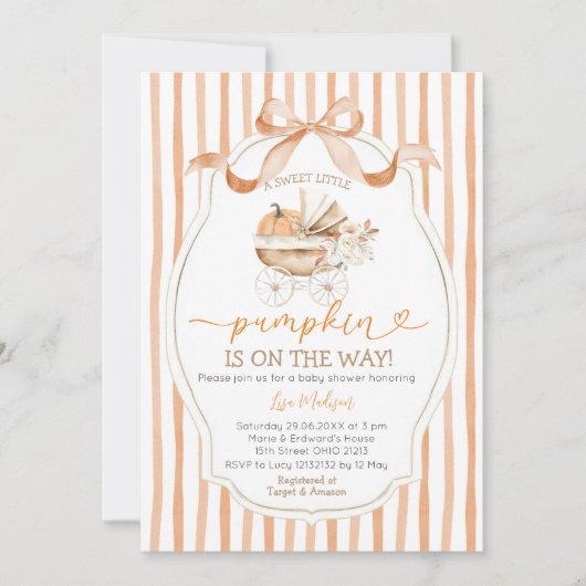 Stripes Bow Sweet Little Pumpkin Baby Shower 招待状 (正面)