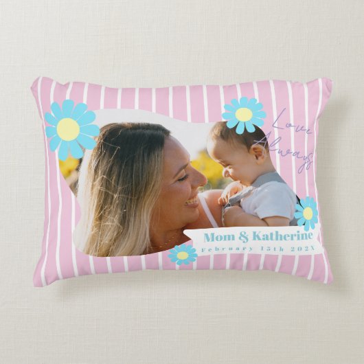 Stripes Daisy Floral Photo Pink アクセントクッション (正面)