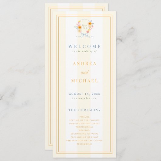 Stripes Floral Crest Monogram & Bow Spring Wedding プログラム (正面/裏面)