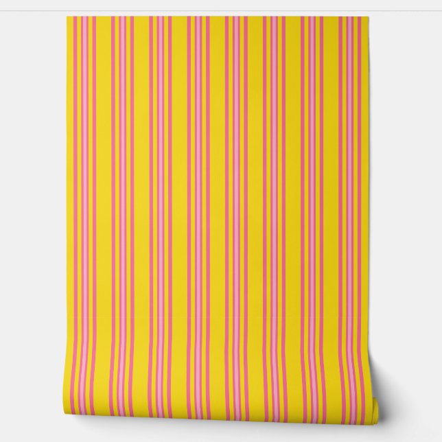 Stripes Pink on Yellow 壁紙 (ほどく)