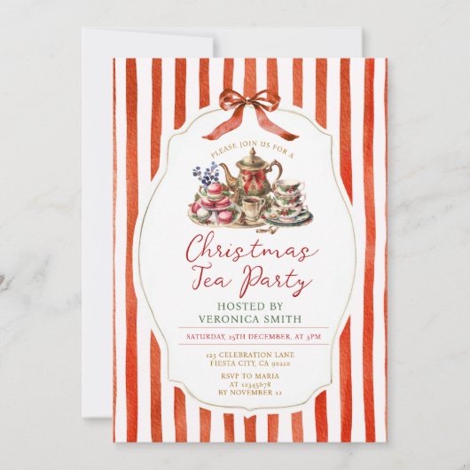 Stripes Red Bow Christmas Vintage Tea Party 招待状 (正面)