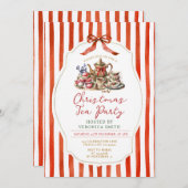 Stripes Red Bow Christmas Vintage Tea Party 招待状 (正面/裏面)