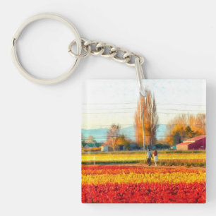 Strolling Through金ゴールドとRed Tulipフィールド キーホルダー