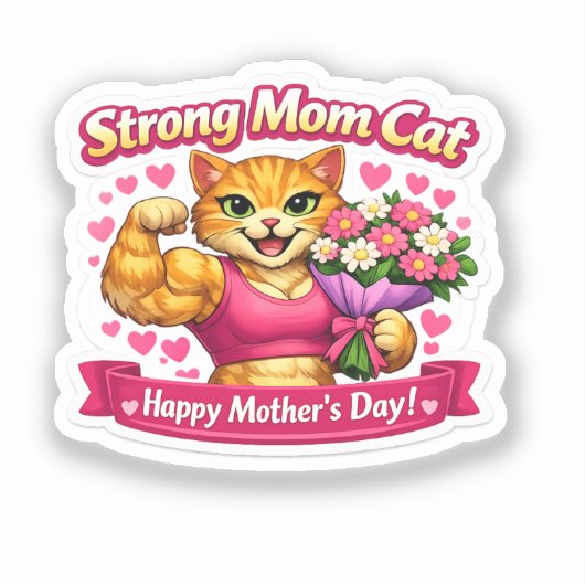 Strong Mom Cat Sticker – Funny Fitness Gift シール (正面)