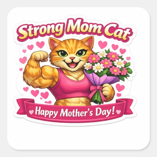 Strong Mom Cat Sticker – Funny Fitness Gift スクエアシール (正面)