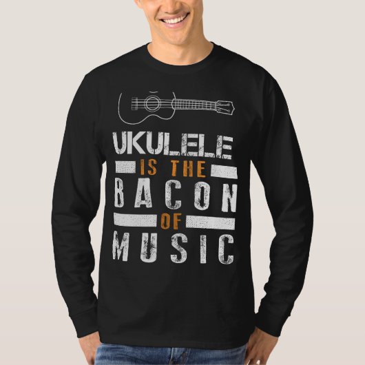 Strummingスマイル: UkuleleはBacon of Music Te Tシャツ (正面)