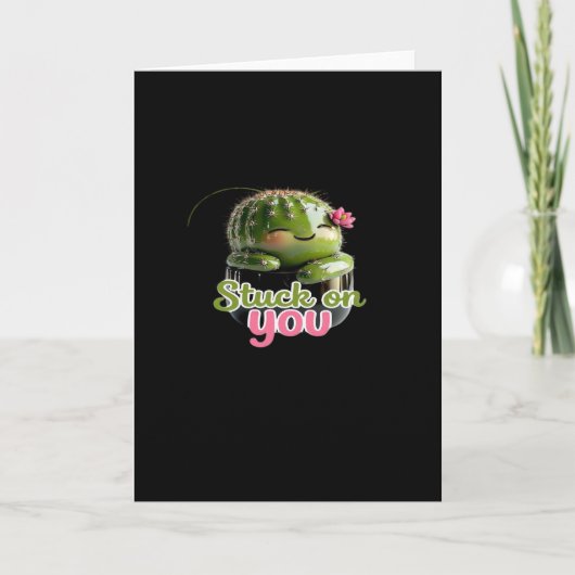 Stuck On You Cute Cactus Pun Kawaii Valentines Lov カード (正面)