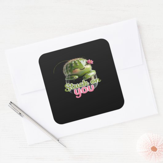 Stuck On You Cute Cactus Pun Kawaii Valentines Lov スクエアシール (封筒)