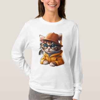 Studious子猫:ハット&グラス付き漫画の子猫 Tシャツ