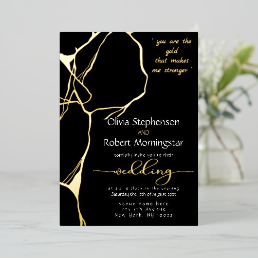 Stunning Black and Gold Kintsugi 箔招待状 (立ち正面)