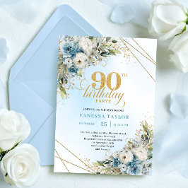 Stunning Boho Dusty Blue Floral Gold 90th Birthday 招待状