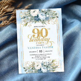 Stunning pastel blue gold frame 90th birthday  招待状