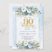 Stunning pastel blue gold frame 90th birthday 招待状 (正面)