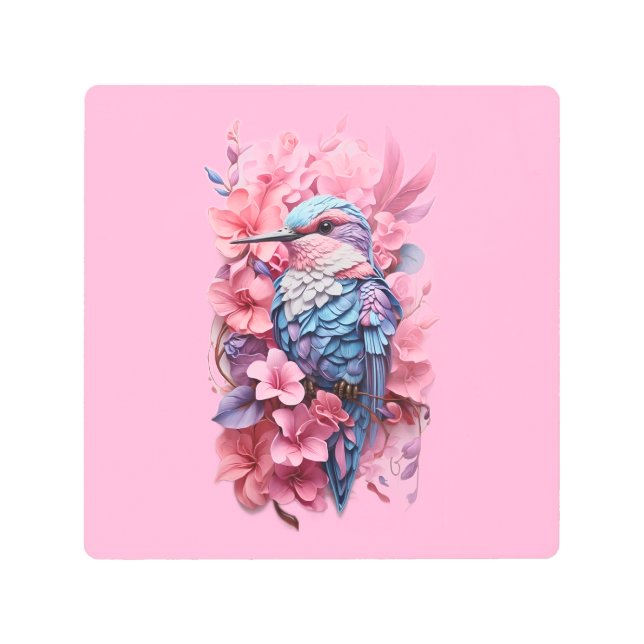 Stunning Pastel Hummingbird Floral メタルプリント (正面)