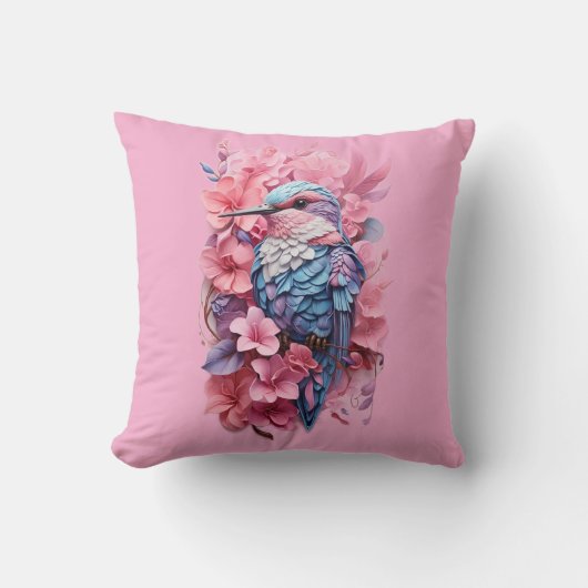 Stunning Pastel Hummingbird Floral Throw Pillow クッション (正面)