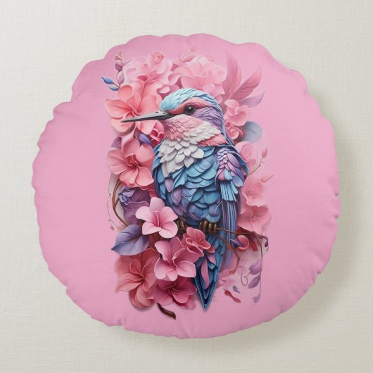 Stunning Pastel Hummingbird Floral Throw Pillow ラウンドクッション (正面)