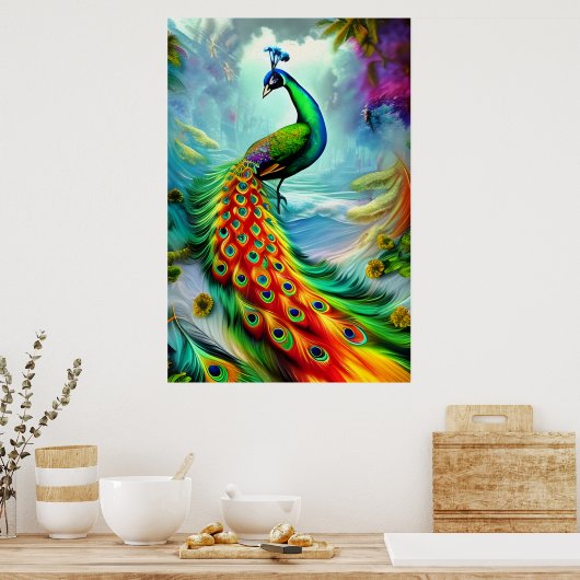 Stunning peacock with magnificent tail feathers ポスター (キッチン)