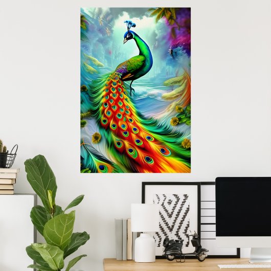 Stunning peacock with magnificent tail feathers ポスター (ホームオフィス)