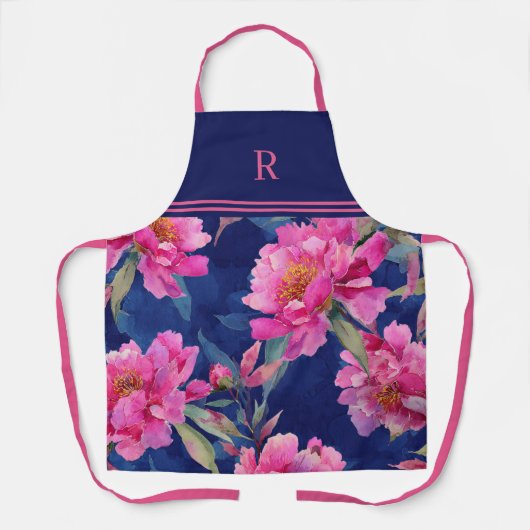 Stunning Pink Floral Bloom Monogrammed エプロン (正面)