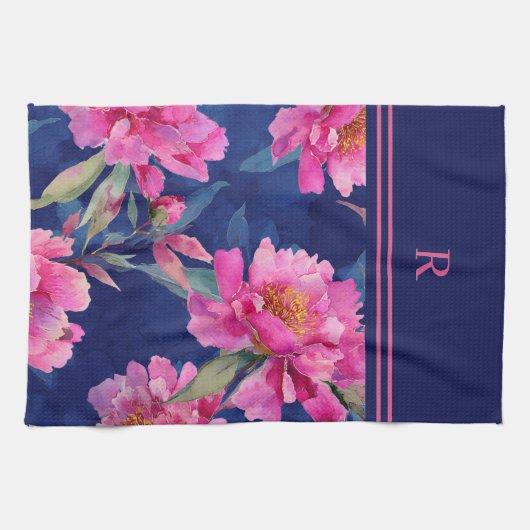 Stunning Pink Floral Bloom Monogrammed キッチンタオル (横)