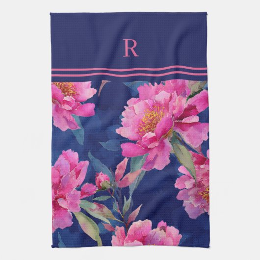 Stunning Pink Floral Bloom Monogrammed キッチンタオル (縦)