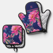 Stunning Pink Floral Bloom Monogrammed 鍋つかみ&鍋敷きセット (正面/裏面)