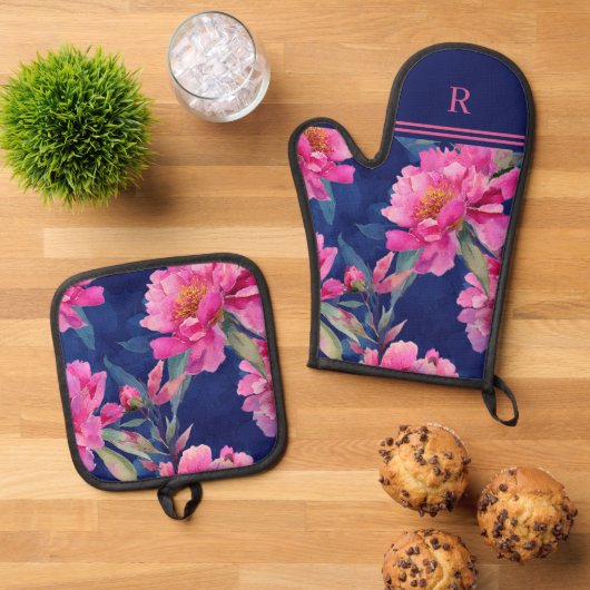 Stunning Pink Floral Bloom Monogrammed 鍋つかみ&鍋敷きセット (トップダウン)