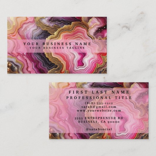 Stunning Pretty Pink & Gold Geode Watercolor 名刺 (正面/裏面)