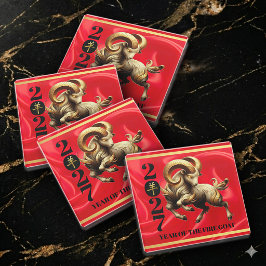 Stunning Red Gold Chinese Year of Fire Goat 2027 ガラスコースター