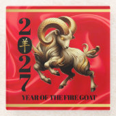 Stunning Red Gold Chinese Year of Fire Goat 2027 ガラスコースター (正面)