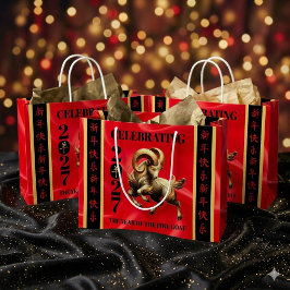 Stunning Red Gold Chinese Year of Fire Goat 2027 ラージペーパーバッグ