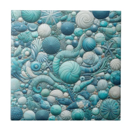 Stunning Underwater Shells Aquamarine Blue Mosaic  タイル (正面)