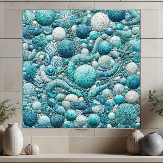 Stunning Underwater Shells Aquamarine Blue Mosaic  タイル