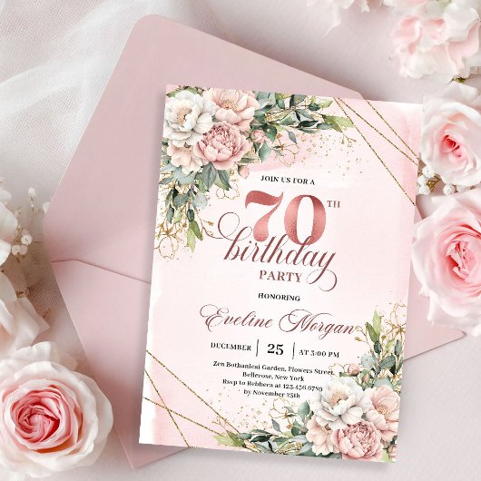 Stunning Watercolor Rose Gold Floral 70th Birthday 招待状