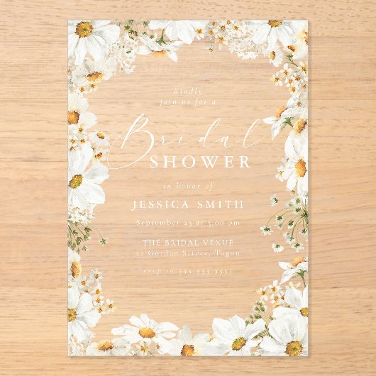 Stunning White Flowers Spring Bridal Shower アクリル招待状 (正面)