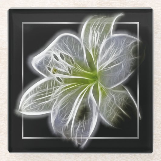 Stunning White Lily Fractal Art Black ガラスコースター (正面)
