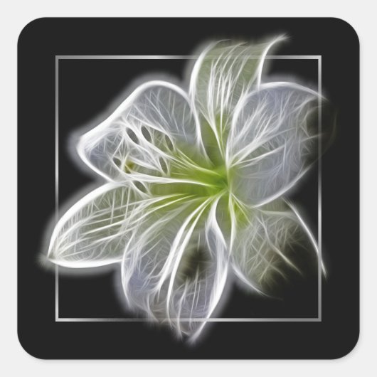 Stunning White Lily Fractal Art Black スクエアシール (正面)