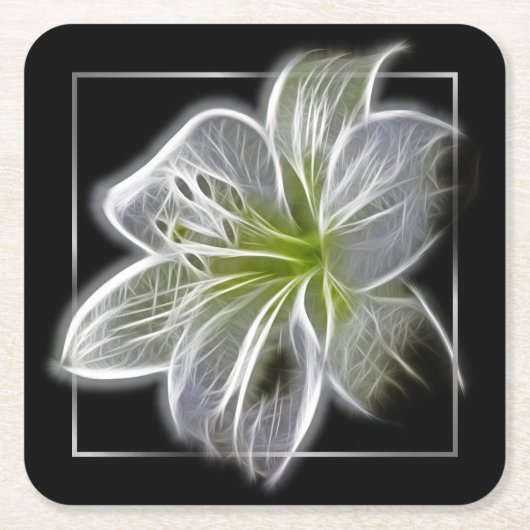 Stunning White Lily Fractal Art Black スクエアペーパーコースター (正面)