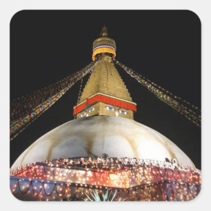 Stupa Boudhanath、夜のカトマンズ-ネパール スクエアシール