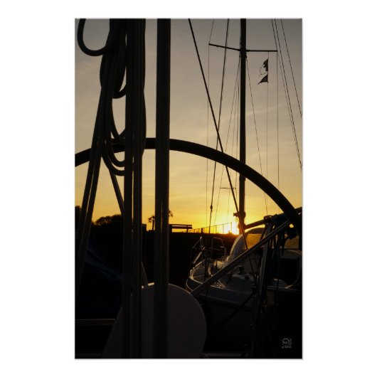 Stuurwiel van zeiljacht met ondergaande zon. ポスター (正面)