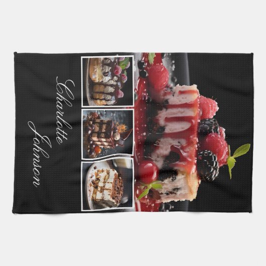 Stylisブラック&ホワイト4フォトデザートパーソナライズされた キッチンタオル (横)