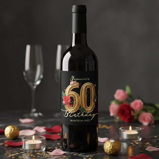 Stylish 60th Birthday Black Gold Red Pink Roses ワインラベル