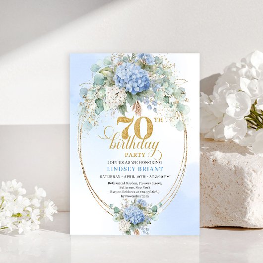 Stylish 70th Birthday Light Blue Hydrangea Invite 招待状