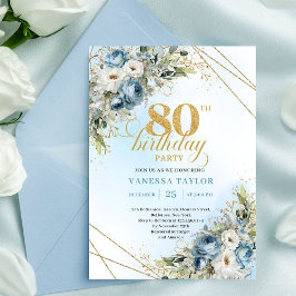 Stylish 80th Birthday Invitation Dusty Blue Gold  招待状